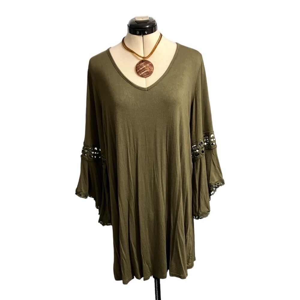 Fury Bell Sleeve Deep V Midi Dress Olive 2X
